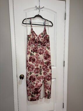 Express Cream/Pink Floral Satin V Neck Midi Dress Size 6